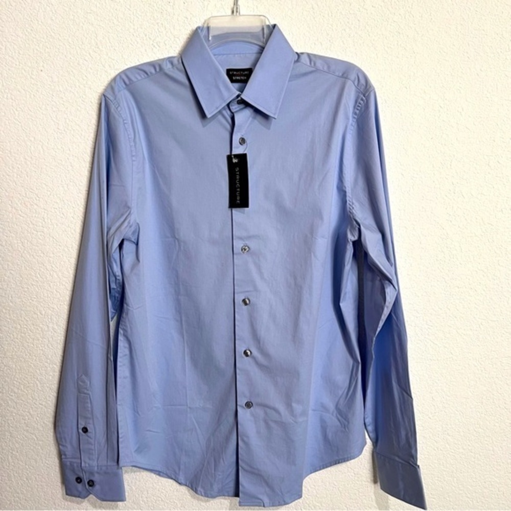 Structure Blue Slim Fit Comfort Stretch Button Front Dress Shirt New Medium